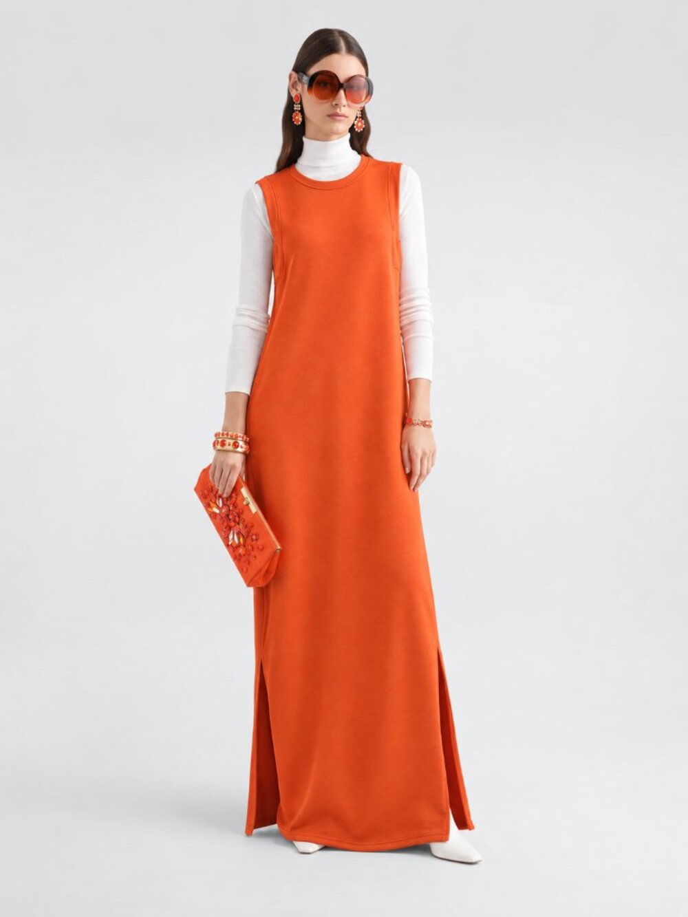 Orange Stretch Knit Sleeveless Maxi Dress Size L Side Slits Pockets Dopaminecore